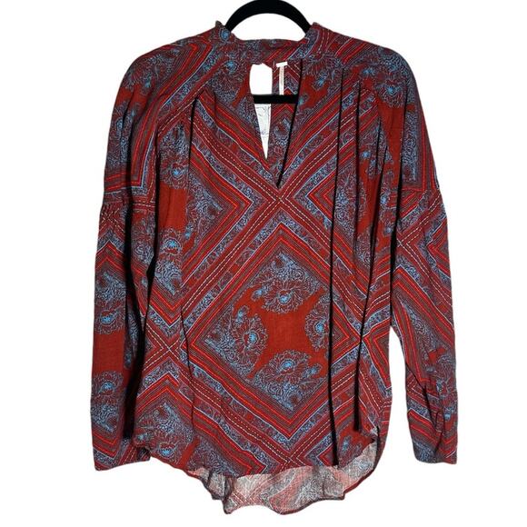 Free People Walking On A Dream Keyhole Pullover Tunic Red Blue Small Boho Hippie - Picture 1 of 8